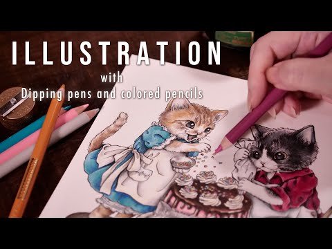 【つけペン×色鉛筆】やんちゃな3匹の猫のイラストを描きました DIY Illustration of three mischievous cats.  [Dip pen × Color pencil]